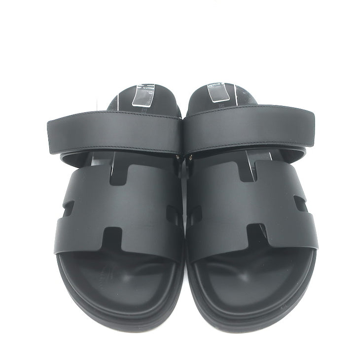 Hermes Chypre Slide Sandals Black Leather Size 40.5