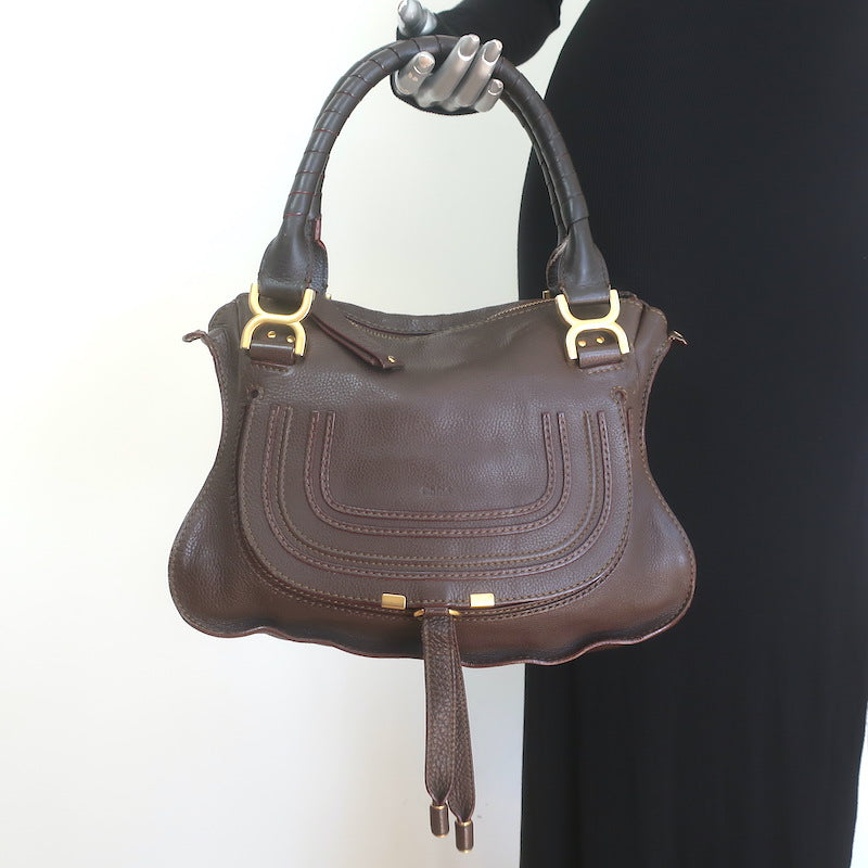 Chloe Marcie Medium Satchel Dark Brown Grained Leather Shoulder Bag
