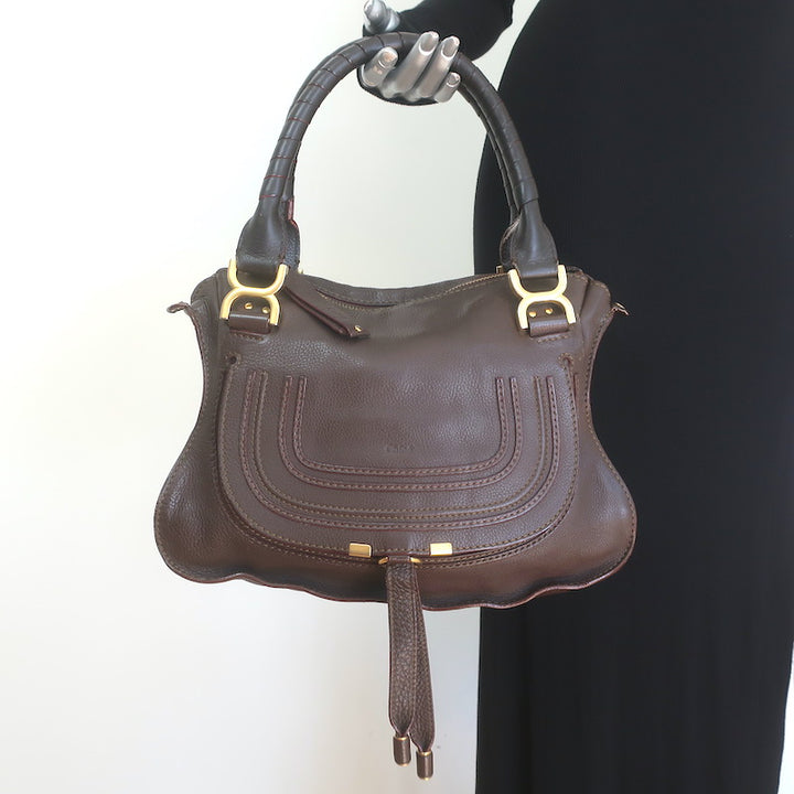 Chloe Marcie Medium Satchel Dark Brown Grained Leather Shoulder Bag