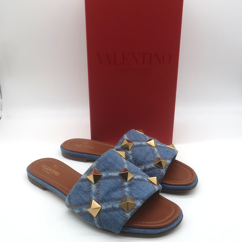 Valentino Roman Stud Quilted Denim Flat Slide Sandals Blue Size 38