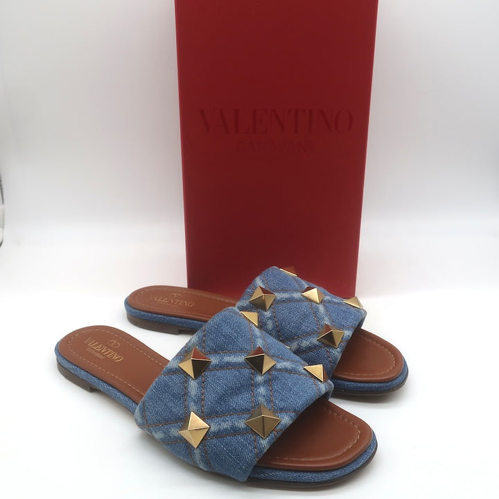 Valentino Roman Stud Quilted Denim Flat Slide Sandals Blue Size 38