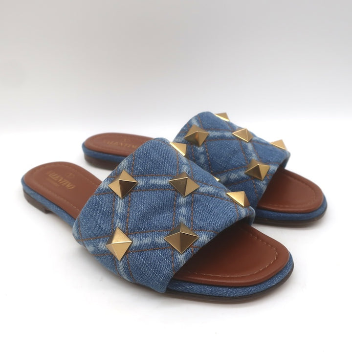 Valentino Roman Stud Quilted Denim Flat Slide Sandals Blue Size 38