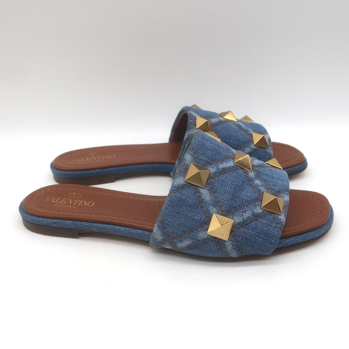 Valentino Roman Stud Quilted Denim Flat Slide Sandals Blue Size 38