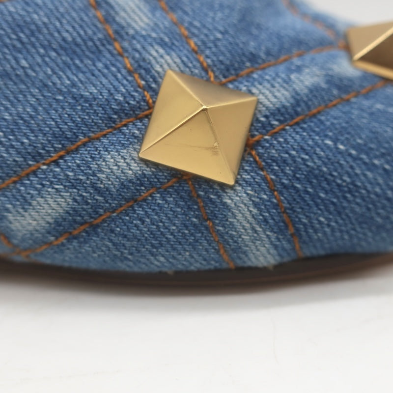 Valentino Roman Stud Quilted Denim Flat Slide Sandals Blue Size 38