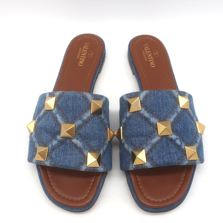 Valentino Roman Stud Quilted Denim Flat Slide Sandals Blue Size 38