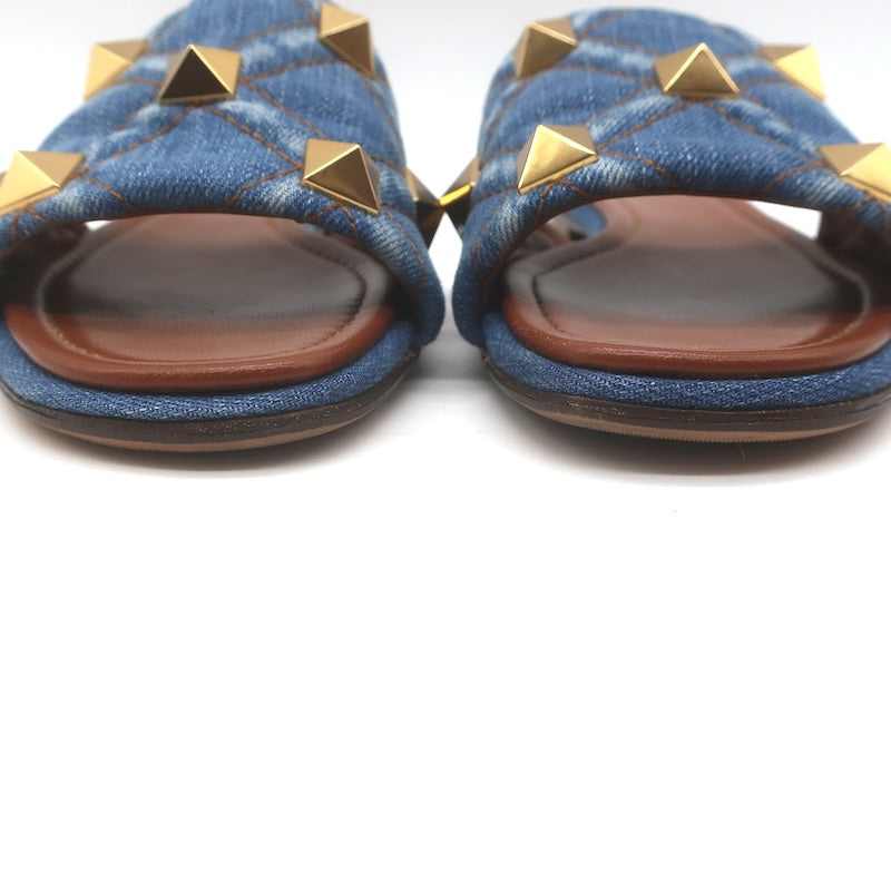 Valentino Roman Stud Quilted Denim Flat Slide Sandals Blue Size 38