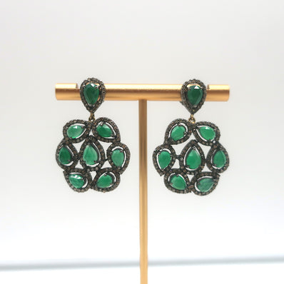 Teardrop Emerald Pave Diamond Flower Drop Earrings