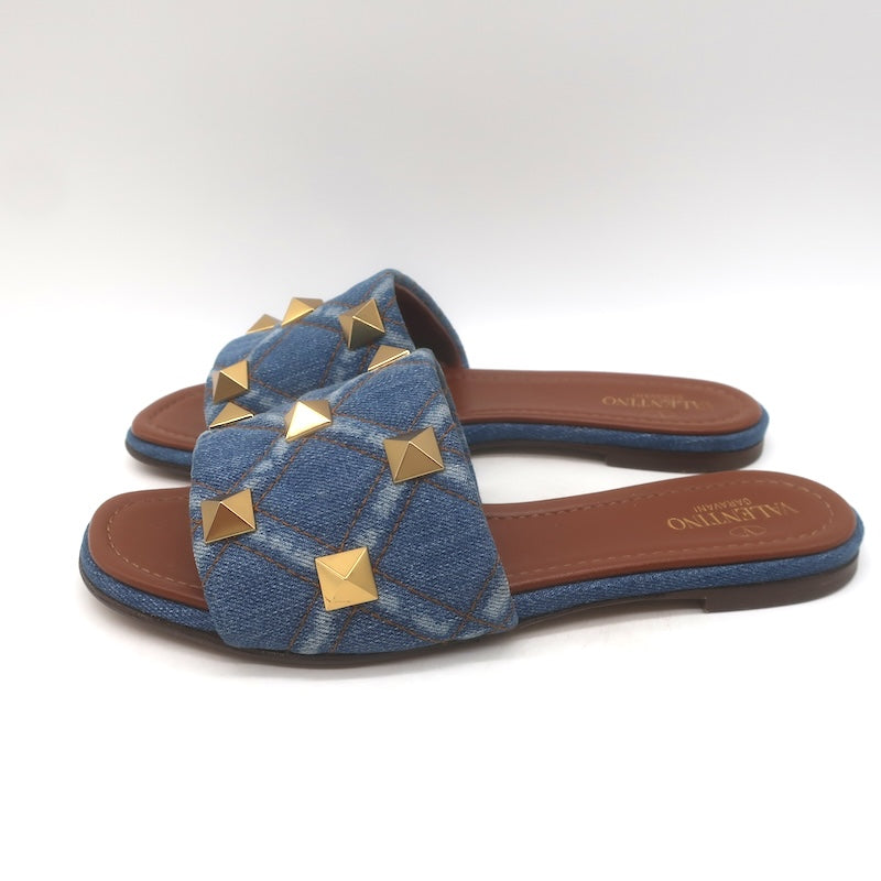 Valentino Roman Stud Quilted Denim Flat Slide Sandals Blue Size 38