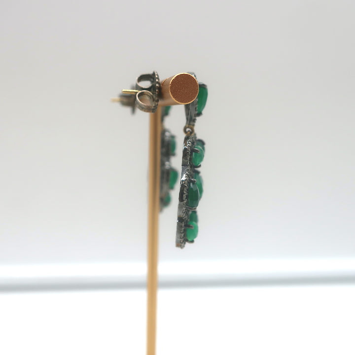 Teardrop Emerald Pave Diamond Flower Drop Earrings