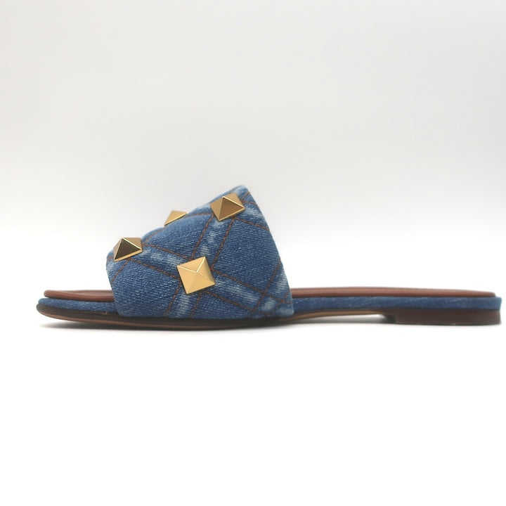 Valentino Roman Stud Quilted Denim Flat Slide Sandals Blue Size 38