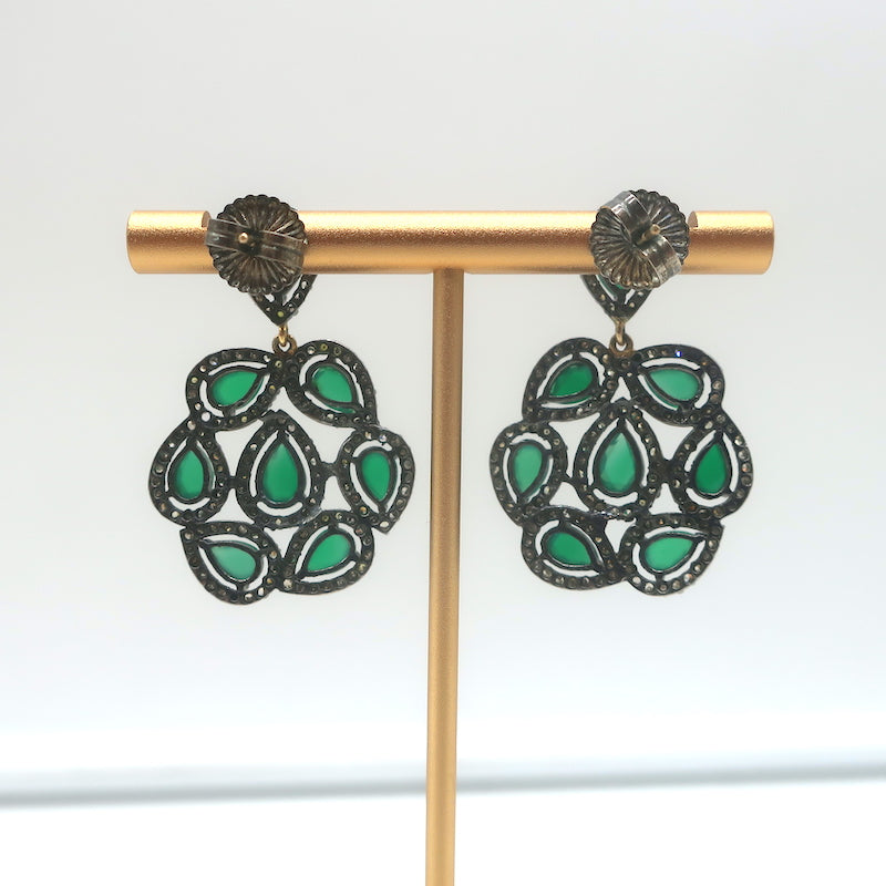 Teardrop Emerald Pave Diamond Flower Drop Earrings