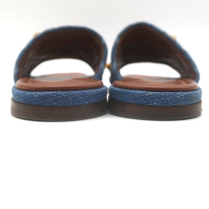 Valentino Roman Stud Quilted Denim Flat Slide Sandals Blue Size 38