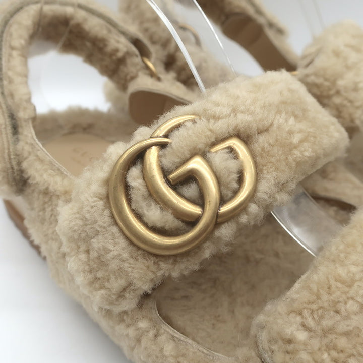 Gucci Double G Shearling Dad Sandals Beige Merino Wool Size 40