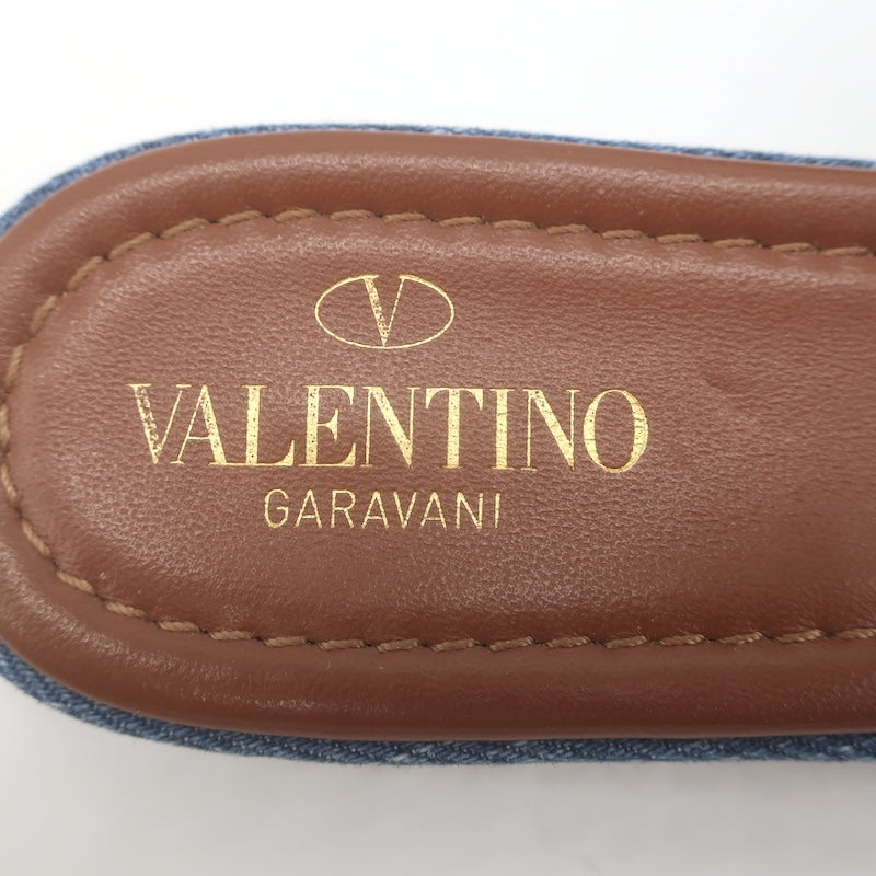 Valentino Roman Stud Quilted Denim Flat Slide Sandals Blue Size 38