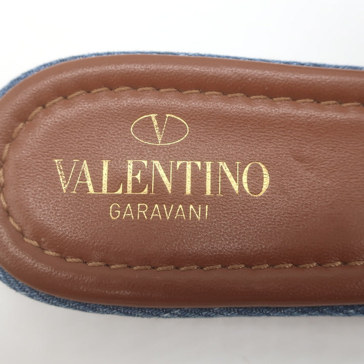 Valentino Roman Stud Quilted Denim Flat Slide Sandals Blue Size 38