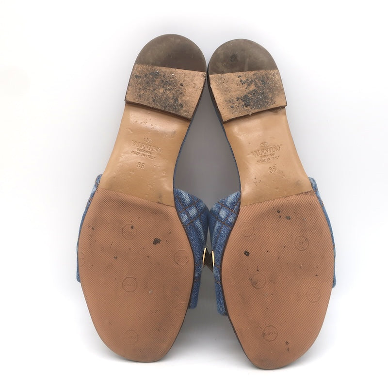 Valentino Roman Stud Quilted Denim Flat Slide Sandals Blue Size 38