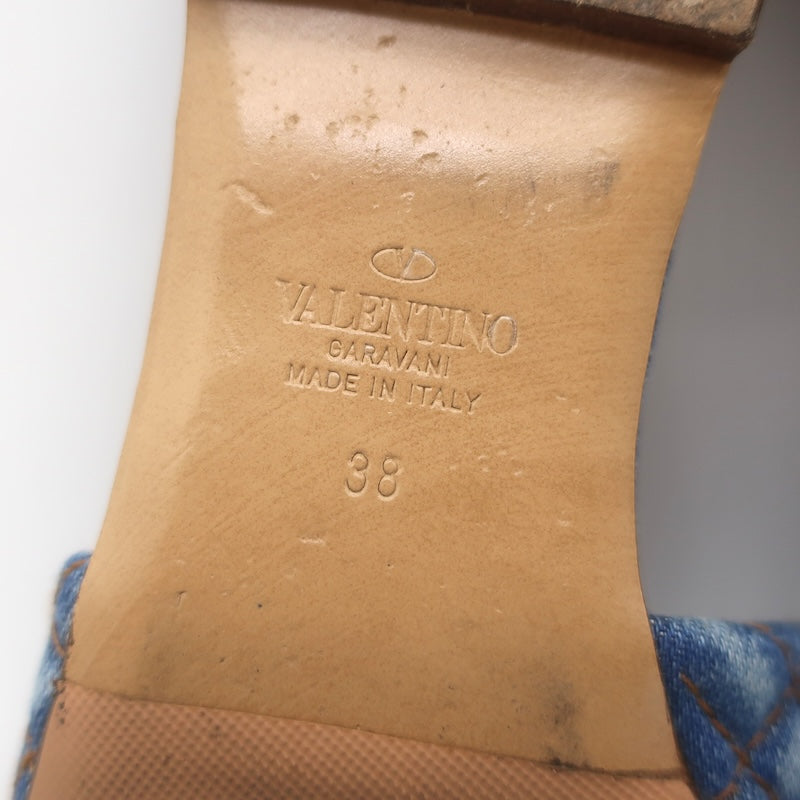 Valentino Roman Stud Quilted Denim Flat Slide Sandals Blue Size 38