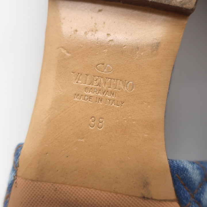 Valentino Roman Stud Quilted Denim Flat Slide Sandals Blue Size 38