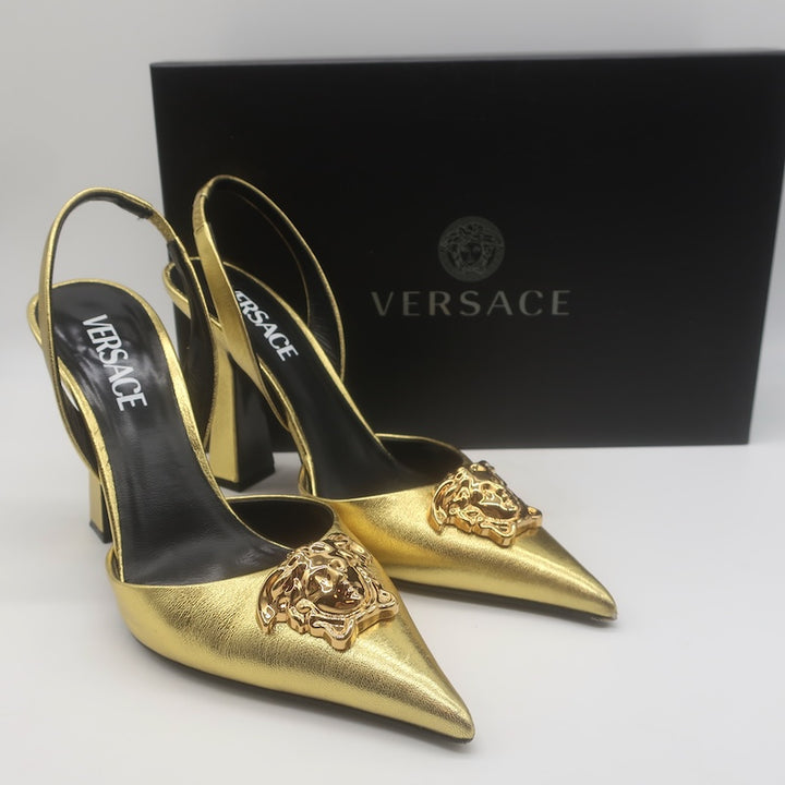 Versace La Medusa Pointed Toe Slingback Pumps Gold 