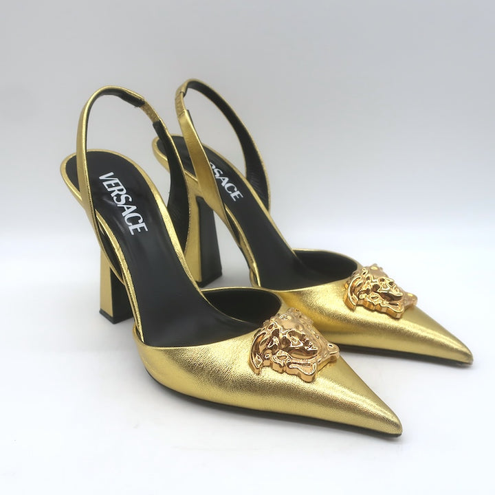Versace La Medusa Pointed Toe Slingback Pumps Gold Metallic Leather Size 37.5