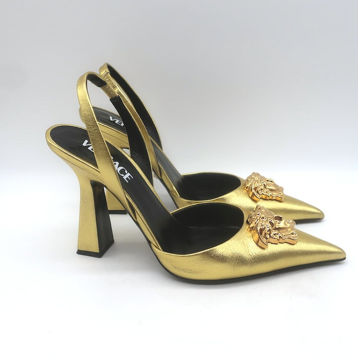 Versace La Medusa Pointed Toe Slingback Pumps Gold Metallic Leather Size 37.5