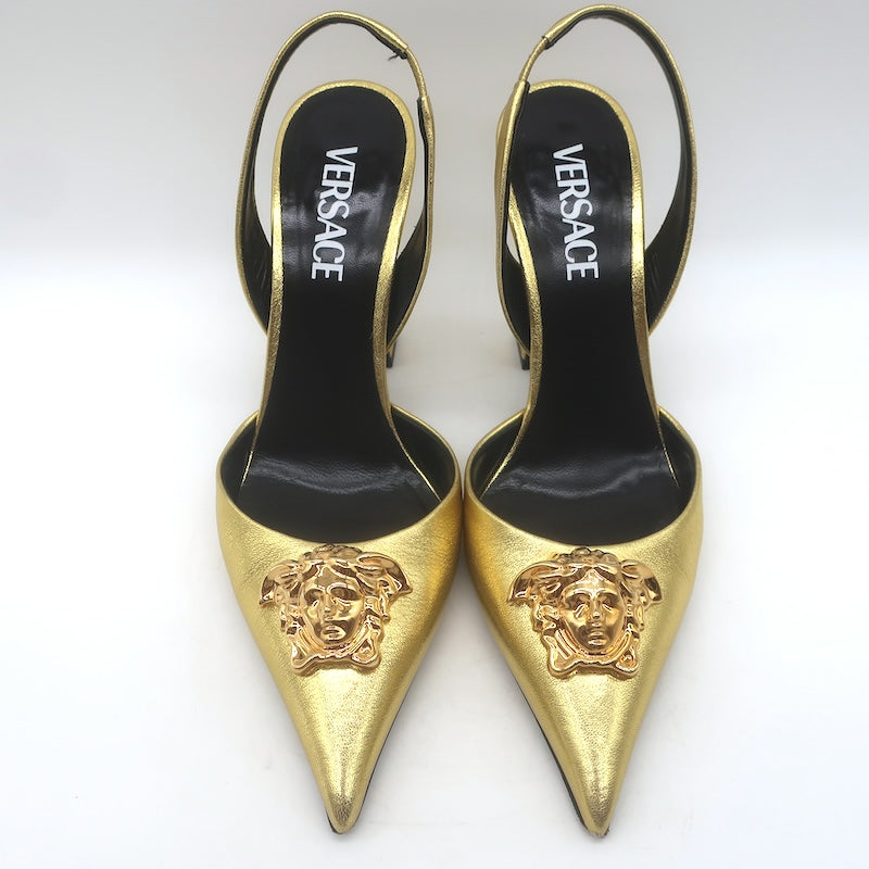 Versace La Medusa Pointed Toe Slingback Pumps Gold Metallic Leather Size 37.5