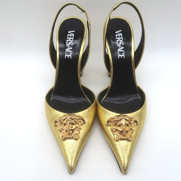 Versace La Medusa Pointed Toe Slingback Pumps Gold Metallic Leather Size 37.5