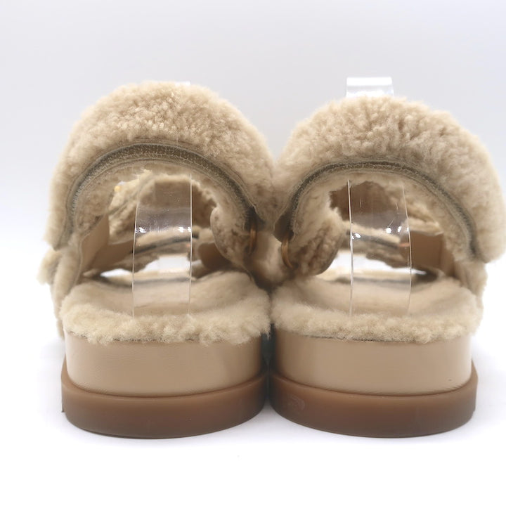 Gucci Double G Shearling Dad Sandals Beige Merino Wool Size 40