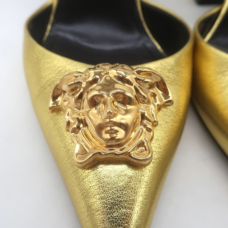 Versace La Medusa Pointed Toe Slingback Pumps Gold Metallic Leather Size 37.5