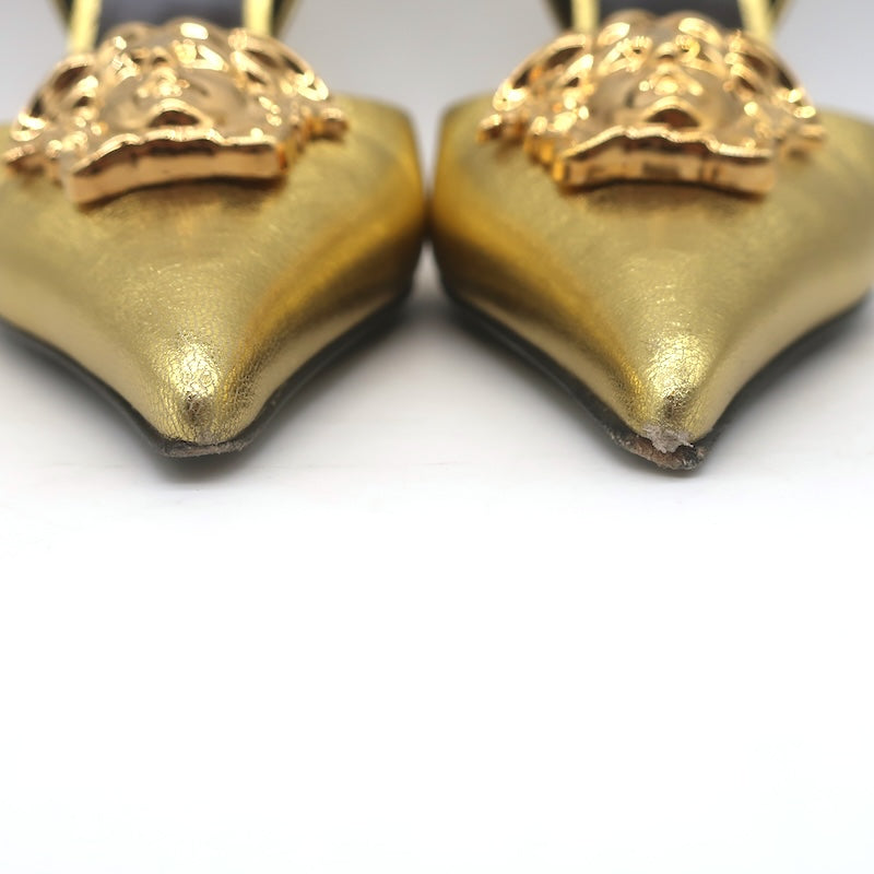 Versace La Medusa Pointed Toe Slingback Pumps Gold Metallic Leather Size 37.5