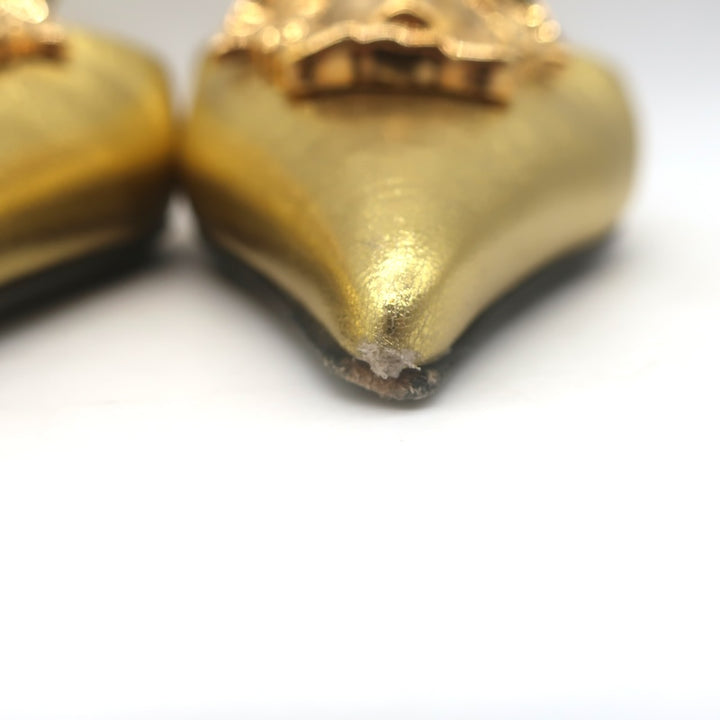 Versace La Medusa Pointed Toe Slingback Pumps Gold Metallic Leather Size 37.5