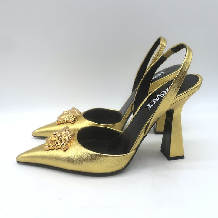 Versace La Medusa Pointed Toe Slingback Pumps Gold Metallic Leather Size 37.5
