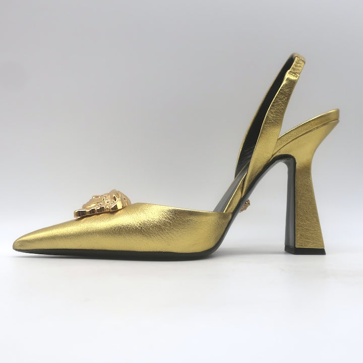 Versace La Medusa Pointed Toe Slingback Pumps Gold Metallic Leather Size 37.5