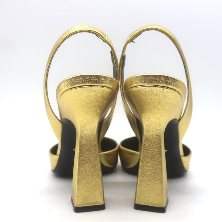 Versace La Medusa Pointed Toe Slingback Pumps Gold Metallic Leather Size 37.5