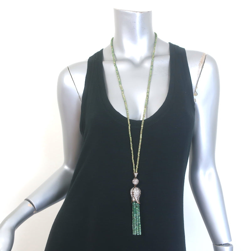 Pave Tulip Tassel Pendant Beaded Necklace Green