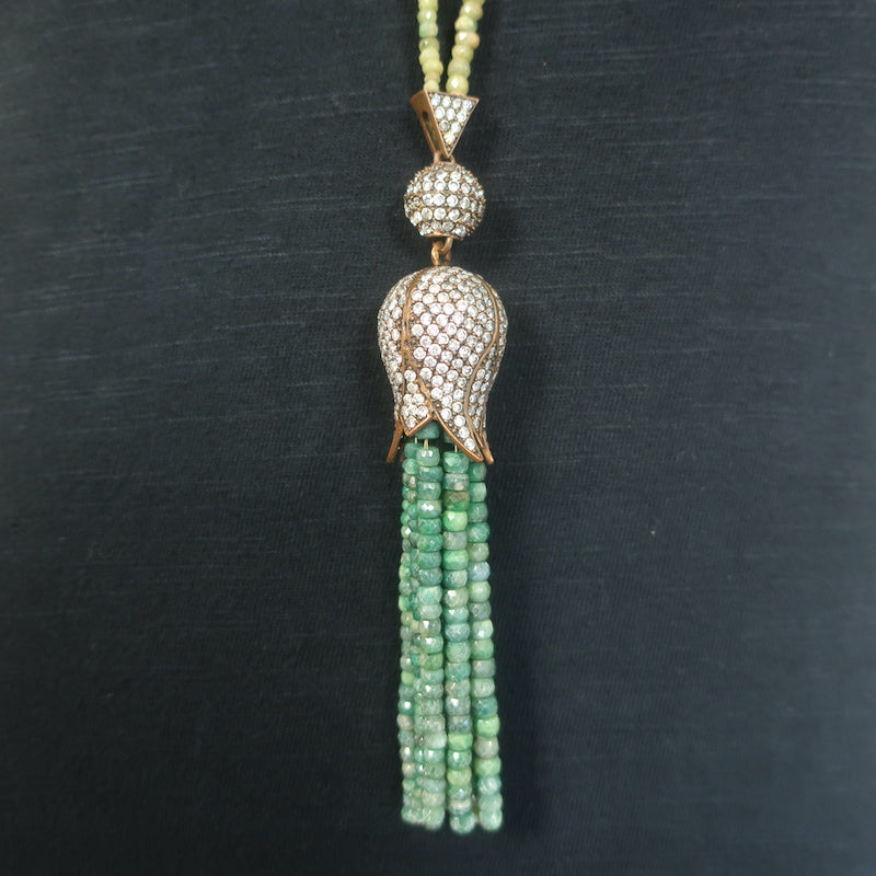 Pave Tulip Tassel Pendant Beaded Necklace Green