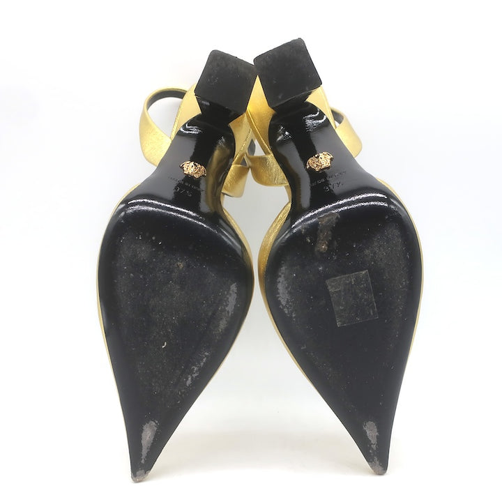 Versace La Medusa Pointed Toe Slingback Pumps Gold Metallic Leather Size 37.5