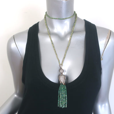 Pave Tulip Tassel Pendant Beaded Necklace Green