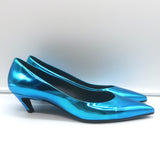 Balenciaga Talon Slash Kitten Heel Pumps Blue Metallic Leather Size 38.5