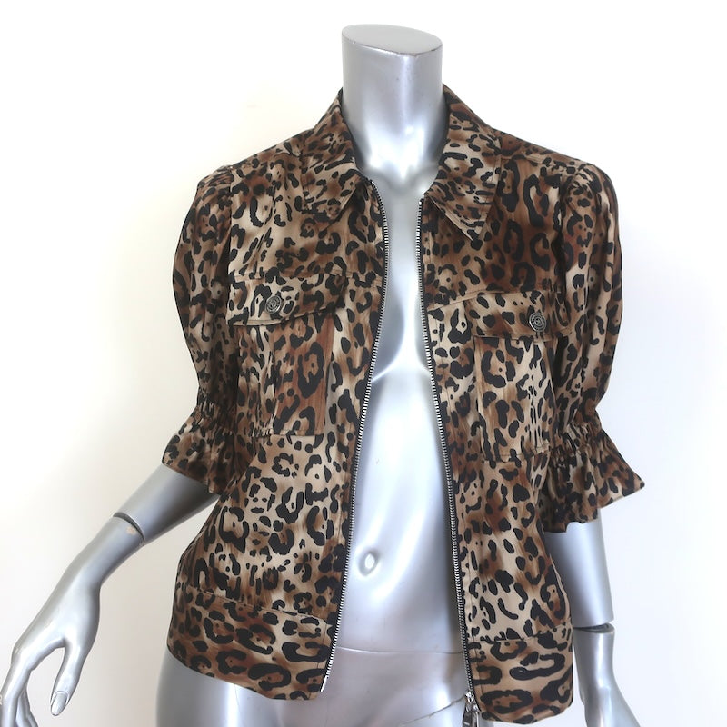 Cinq a Sept Holly Ruffle-Sleeve Jacket Leopard Print Satin Twill Size Medium NEW