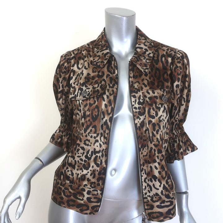 Cinq a Sept Holly Ruffle-Sleeve Jacket Leopard Print Satin Twill Size Medium NEW