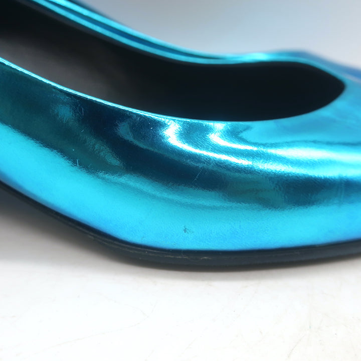 Balenciaga Talon Slash Kitten Heel Pumps Blue Metallic Leather Size 38.5