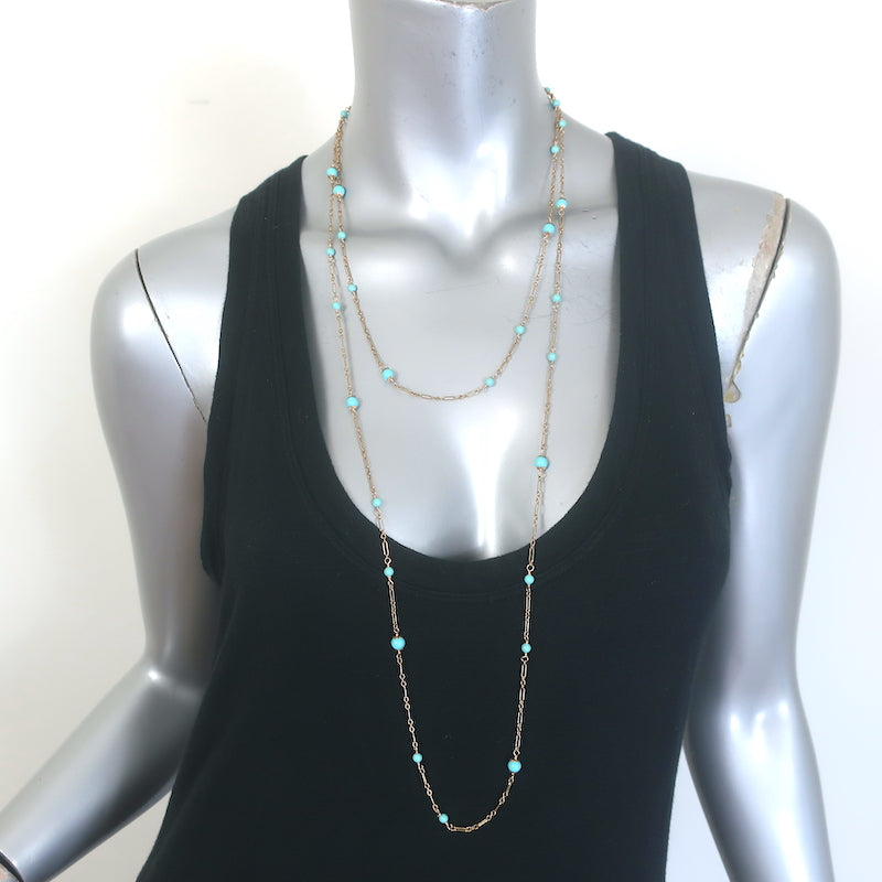 14k Yellow Gold and Turquoise Beaded Long Station Necklace