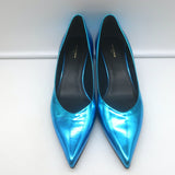 Balenciaga Talon Slash Kitten Heel Pumps Blue Metallic Leather Size 38.5