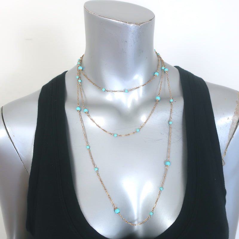 14k Yellow Gold and Turquoise Beaded Long Station Necklace