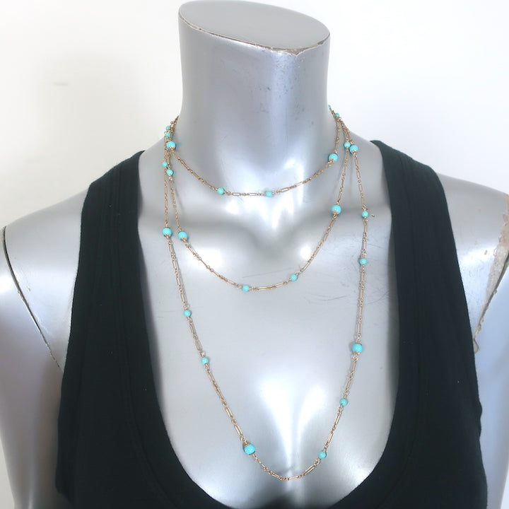 14k Yellow Gold and Turquoise Beaded Long Station Necklace