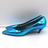 Balenciaga Talon Slash Kitten Heel Pumps Blue Metallic Leather Size 38.5