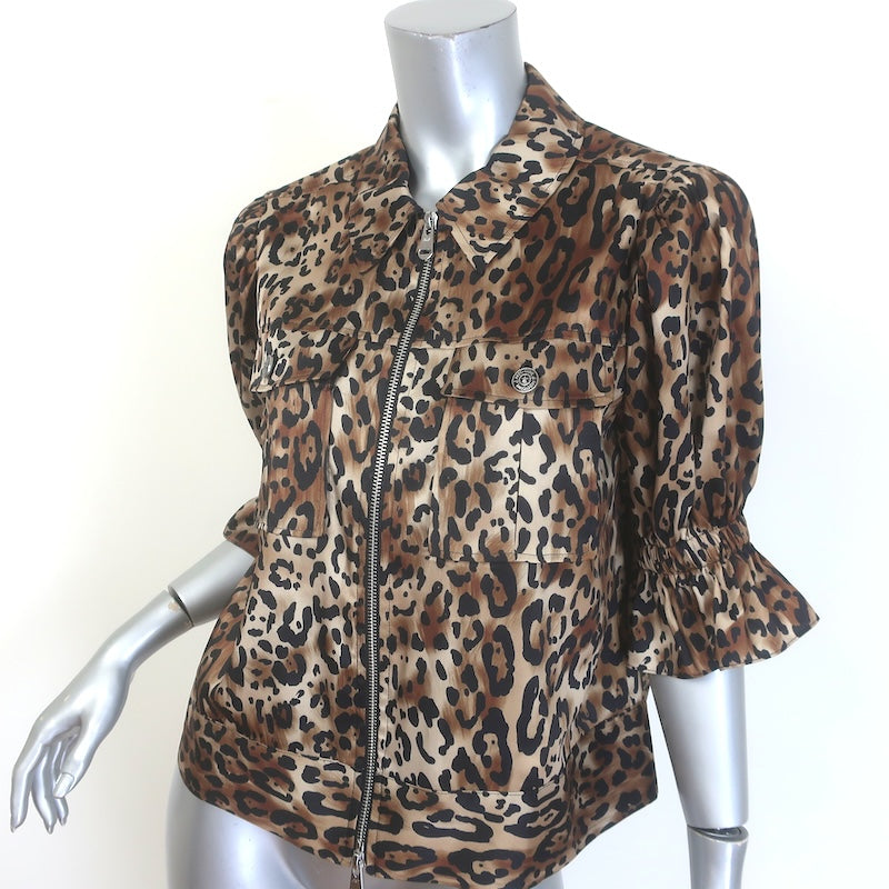 Cinq a Sept Holly Ruffle-Sleeve Jacket Leopard Print Satin Twill Size Medium NEW