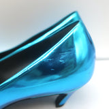 Balenciaga Talon Slash Kitten Heel Pumps Blue Metallic Leather Size 38.5