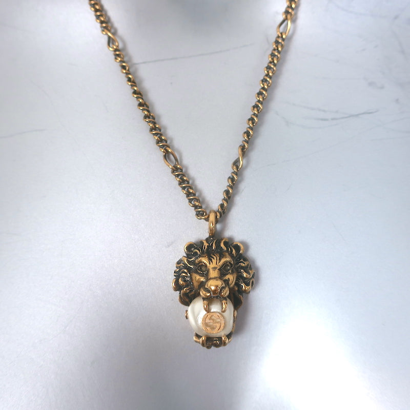 Gucci GG Faux Pearl Lion Head Pendant Necklace Brass